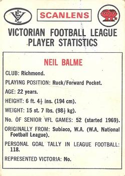 1974 Scanlens VFL #102 Neil Balme Back